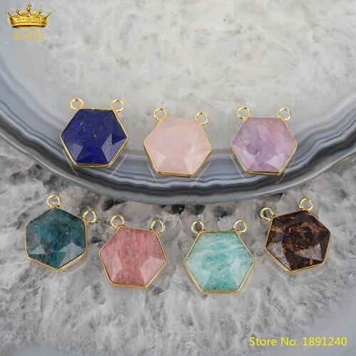 5pcs Natural Roses Amethysts Quartz Hexagonal Beads Connector For Necklace Making,Gold Color Crystal Small Charms DIY Jewelry