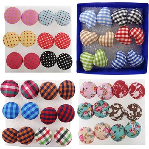 6 Pairs Vintage Colorful Cloth Button Plastic Pin Ear Studs Earrings Jewelry fashion