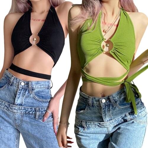 Hollow Out Halter Camis Womens Fashion Solid Color Vest Sexy Bandage Exposed Navel Camisole