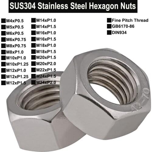 SUS304 Stainless Steel Hexagon Nuts Fine Pitch Thread M4 M5 M6 M8 M10 M12 M14 M16 M18 M20 M22 M24