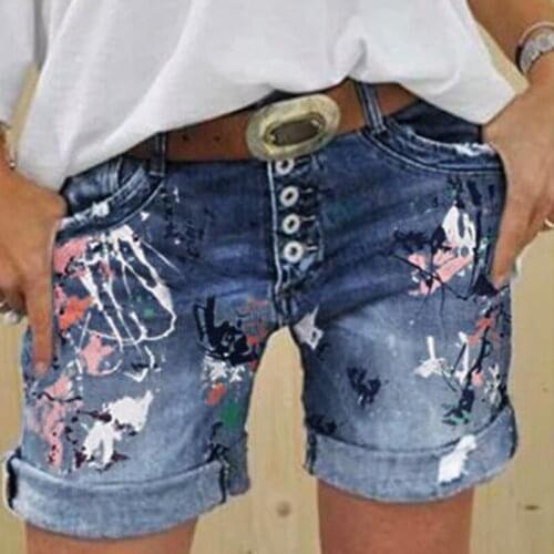 Plus Size Denim Shorts Summer New Washed Fashion Printed Jeans Short Single Breasted Casual Slim Women Mid Waist Cowgirl Shorts