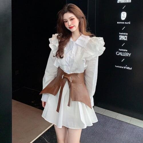 Ruffles Pleated Puff Sleeve White Dress Elegant Korean Mini Dress with Pu Leather Waistband A-Line Spring Party Dress Cute B724