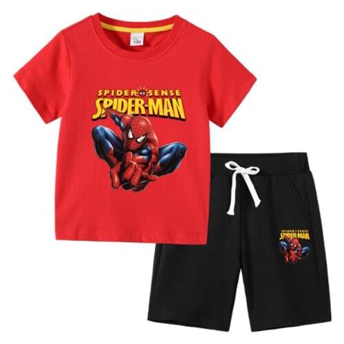 Disney Spiderman Cotton Boy Tops Fashion Summer Clothes Kids Shirts Cartoon Boys Short Sleeve Clothing Child T Shirt+Shorts