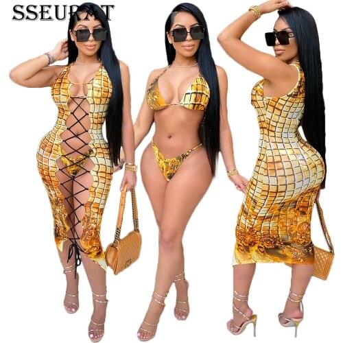 SSEURAT Bikinis Set Women Free Tops Low Waist Underpants Bandage Hollow Out Elastic Mini Dress 3 Piece Set Swimsuit Summer