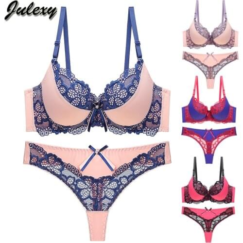 Julexy New 2020 Sexy thong bra set push up Lace hollow out Brassiere bra and panty set Femme Panties Lingerie Underwear set
