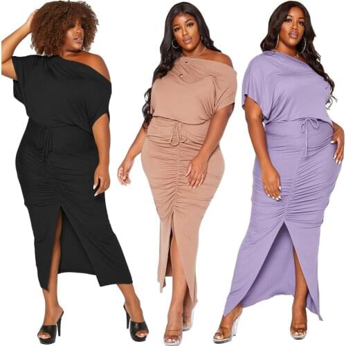 2021 Summer Solid Color Two Piece Sets Plus Size Slash Neck Loose T-shirts Lace-up Shirring Split Ankle-length Skirts Outfits
