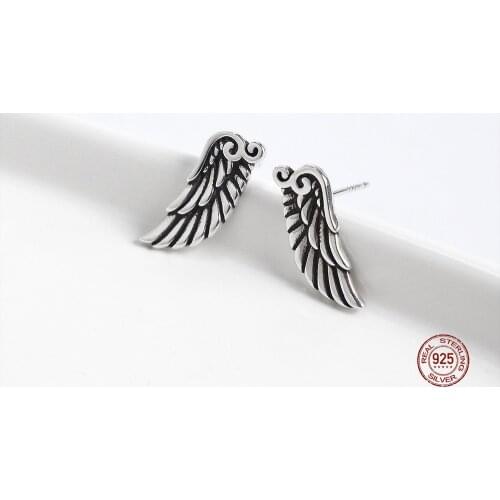 LKO Fashion Vintage Personality 925 Sterling Silver Angel Wings Stud Earrings For Women Men Punk Charm Jewelry Ornaments