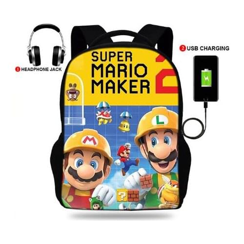 Fashion Boys USB Charging School Backpack Mario Bros Print Backpack Chest Bag Teenager Girls School Bags Travel Female Mochila