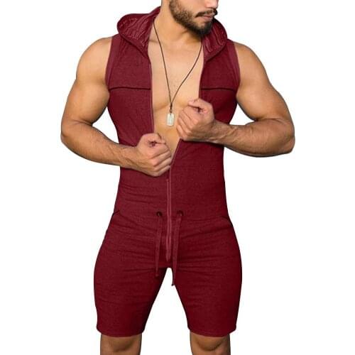 Men Casual Solid Color Sleeveless Jumpsuit Pockets Short Pants Hooded Romper