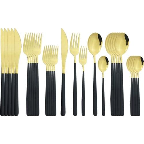6Set/30Pcs Black Gold Cutlery Set 304 Stainless Steel Dinnerware Set Knives Fork Spoon Dinner Flatware Set Kitchen Tableware Set