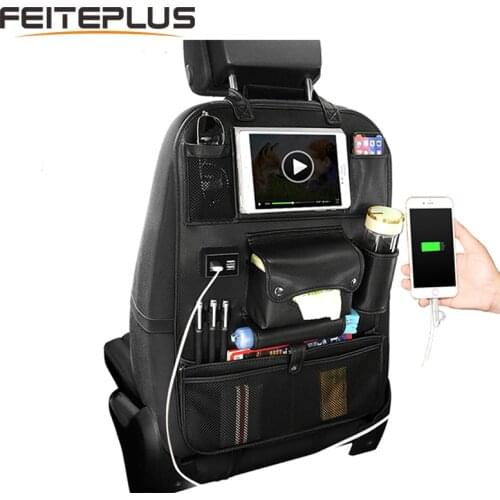 PU Leather Car Back Seat Organizer With USB Port 10 Pockets Hanging Bags For Ipad iPhone Mobile Tissue Umbrella Food Tablet PC