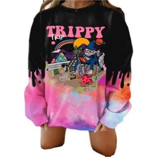 Autumn 2021 Fashion Korean Version Hip-Hop Style Women/Girl O-Neck Letter Tie-Dye Print Long Sleeve Casual Loose Sweatshirts 3XL