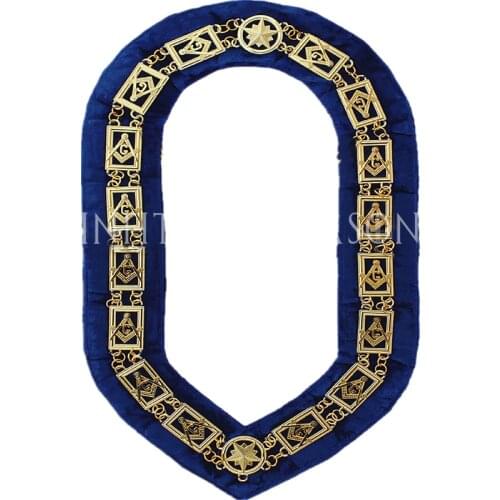 Masonic master Mason chain collar blue velvet backing G silver plated compass and square with Masonic emblems metal