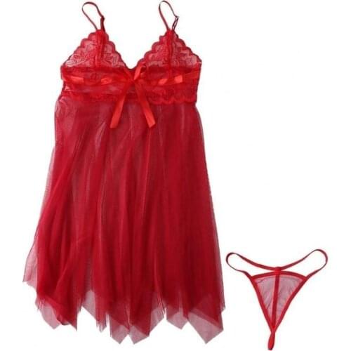 Sexy Women Nightgown Strappy Deep V Gauze See-Through Slit Dress Thong Underwear