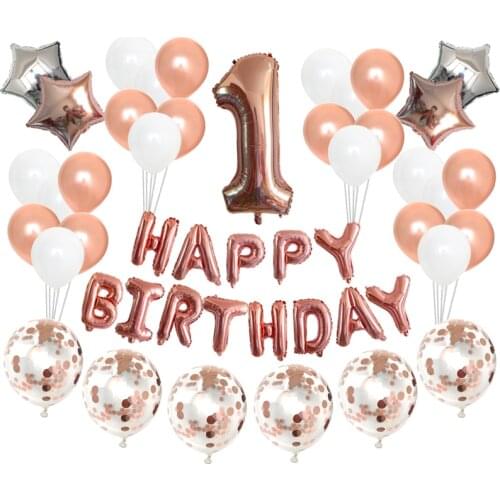 First Happy Birthday Rose Gold Balloon Banner My 1st 1 One Year Party Decorations Kids Baby Boy Girl Adult Garland Supplies Blue