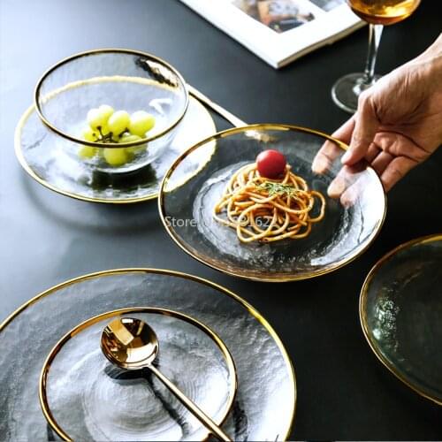 Nordic style gold rim glass dinner plate transparent Dessert bowl Western dish creative salad tray fruit plate dinnerware sets
