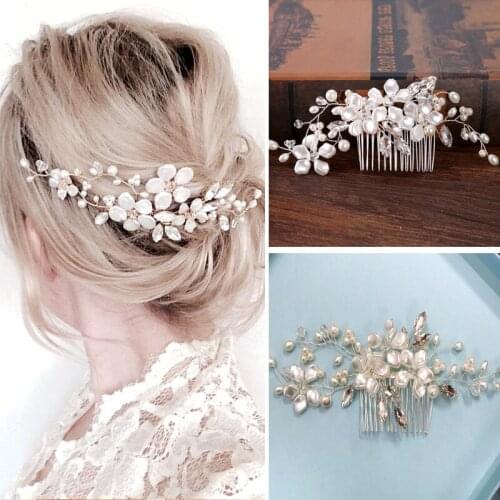 SLBRIDAL Handmade Rhinestones Crystal Pearls Flower Wedding Hair comb Bridal Headpiece Hair Accessories Women Fashion Jewelry