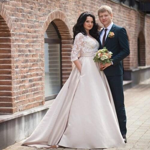 Popular Champagne Wedding Dress Half Sleeve with Pocket Lace Bride Dresses Robe de Mariee Wedding Party Gown Plus size Mariage