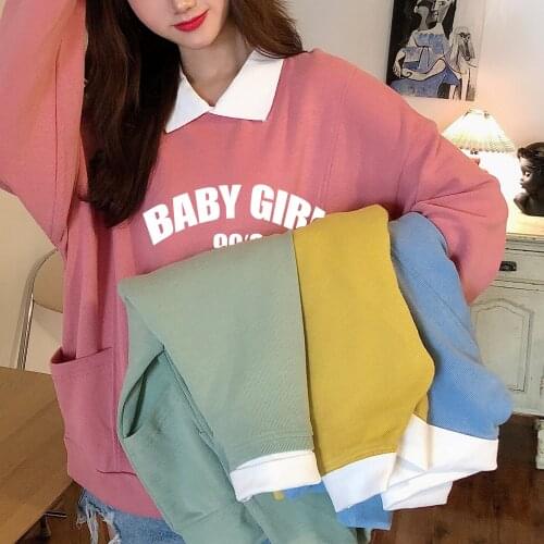 90s Baby Girl Sweatshirt Womens Turndown Collar Sweet Autumn Pullover Thin Cotton Fashion Full-sleeve Hoodie With Pockets