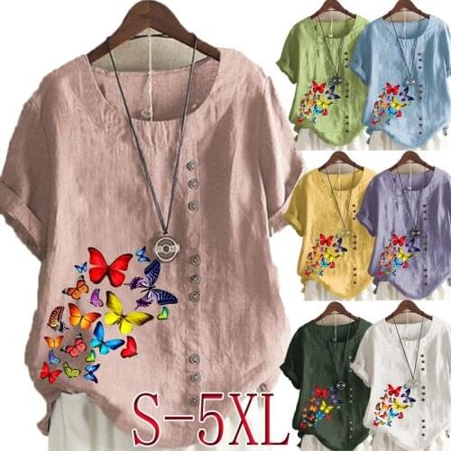 Summer Womens Butterflies Printed Short Sleeve Round Neck T-shirt Ladies Casual Linen Shirts Plus Size Blouse Tops S-5XL