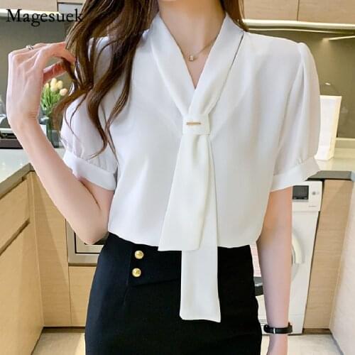 Summer Office Lady Chiffon Blouse Women 2021 V Neck Short Sleeve Women Clothing Fashion White Women Shirts Blusas Mujer 15063