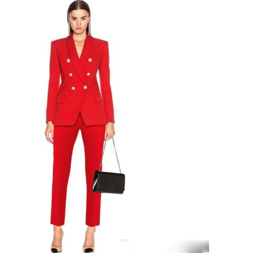 2021 New Designer Classic Women Pant Suit Golden Button Double Breasted Blazer Coat Slim Pants Female Office Business Blazer