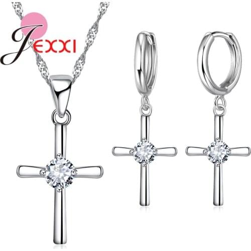 Women Girl Bridal Wedding Accessories 925 Sterling Silver Chain Cross Pendant Necklace Earrings Set Female Bijoux Sets