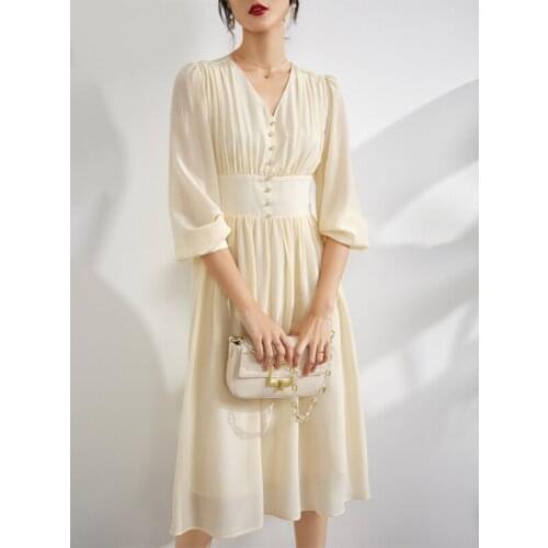 Womens Long Dress V-Neck High-Waisted Silk Long Dress Autumn 2021 New A-line Long-sleeved Dress French Style 100% Mulberry Silk