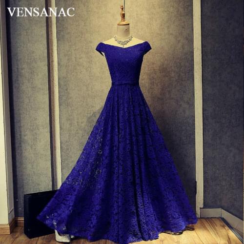 VENSANAC New A Line Embroidery Boat Neck Long Evening Dresses Short Cap Sleeve Elegant Draped Sash Lace Party Prom Gowns