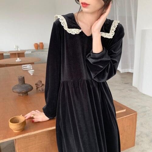 Women Spring Black Lace Sailor Collar Long Sleeve Long Dress Vintage Velvet High Waist Straight Loose Casual Dresses