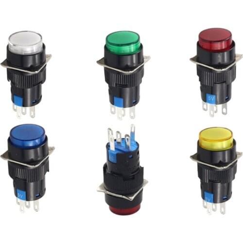 1PC 16MM Round Momentary & Self-Locking Push Light Button Power Switch Silver Contact 1NO1NC 6V 12V 24V 220V Reset 5Pins Power