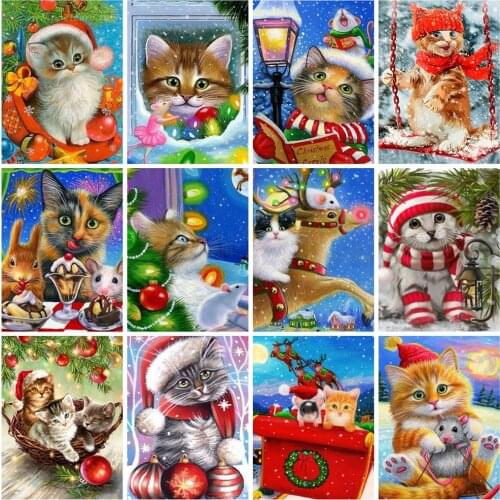 Huacan 5D DIY Diamond Mosaic Painting Christmas Cat Diamond Embroidery Cross Stitch Full Square Home Decor
