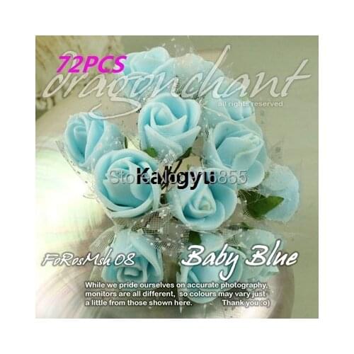 Free Shipping Baby Blue 72pcs 2.5CM Head PE Rose Foam Mini Flower Bouquet With Organza Solid Color Artificial Rose Flowers