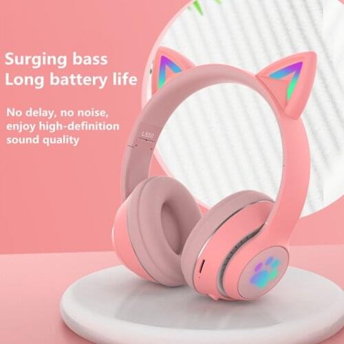 New arrival cute girl cat ear wireless bluetooth headset with mic subwoofer music headset support TF card FM radio