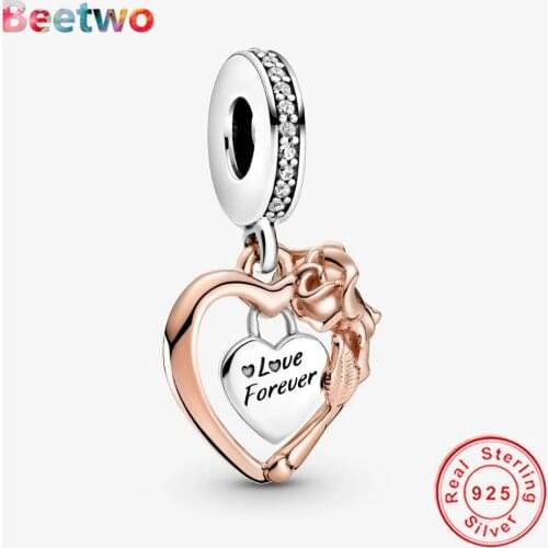 New 925 Sterling Silver Heart & Rose Flower Dangle Fit Original Pandora Charm Beads Bracelet Women Fashion Jewellery Berloque