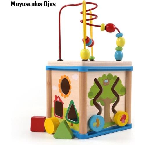 Early Childhood Childrens Wooden Clock Multi-function Round Bead Toy Treasure Chest Four-sided Intelligence Game Beaded Box