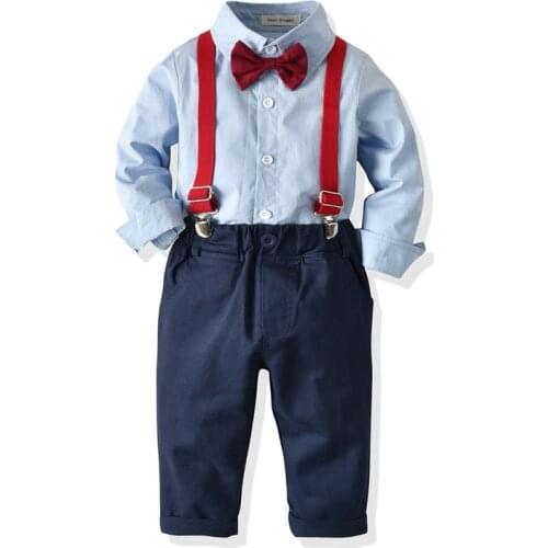Children Clothing Blue Solid Shirt Suit for A Boy Fall Costume Red Belt Nary Pants Boys Suit Set Infant Kid Button Clothing Set