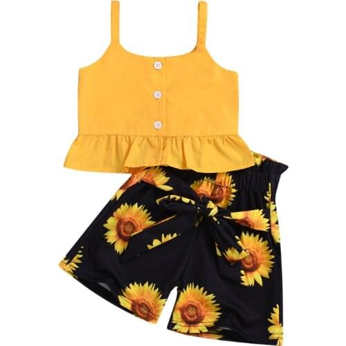 Little Girl 2Pcs Outfit Set Ruffle Sleeveless Button Crop Tops Sunflower Print High Waist Shorts Summer Children Clothes 2-6T