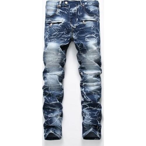 New Gray blue brown Mens Retro wash Pleated Stitching Biker Jeans streetwear Motorcycle Denim distressed Joggers jeans pants