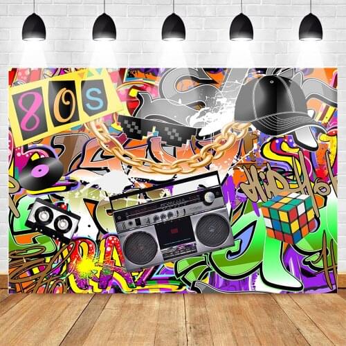 Hip Pop 80s Themed Backdrop 80s Graffiti Music Photography Background 7x5ft Vinyl 80th Themed Party Banner Decoration Supplies