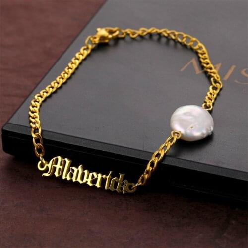 Customized Personalized Bracelets for Women Irregular Natural Freshwater Pearls Gold Stainless Steel Cuban Chain Custom Bracelet