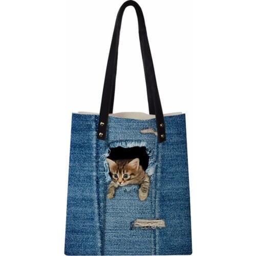 Customized Classic Denim Cat Women Handbag Teen Girl PU Leather Bag Reusable Arm in arm package Shopping Bag with Small Wallets