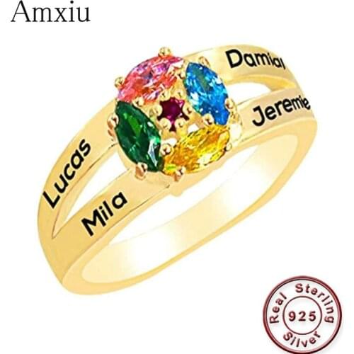 Amxiu Custom 925 Sterling Silver Ring with Birthstones Engrave Family Name Rings For Womens Day Gift Large Zircon Rings Bijoux
