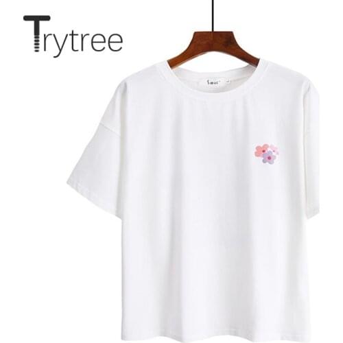 Trytree 2020 Summer T-shirt Women Casual O-neck Print Cotton 2 Color Loose T-shirt Fashion Tide All-Purpose Style T-shirt Tops