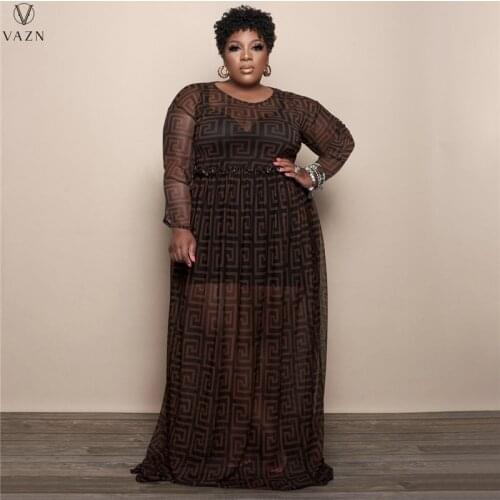 VAZN 2021 New Fashion Street Casual Style Long Dress Long Sleeve Round Neck Dress Printed Floor Length Ladies Dresses