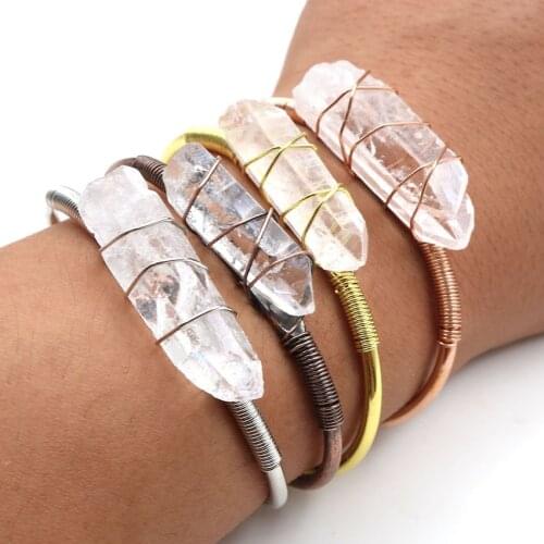 Wire Wrap Raw Mineral Crystal Stone Bangles Natural Stone Clear Quartz Bangles Bracelets Open Cuff Copper Bangles Female Jewelry