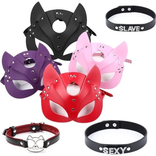Sex Toys Leather Mask Women Cosplay Cat Bdsm Fetish Halloween MasqueradeBlack Masks With Sexy Necklace Collar Erotic Accessories