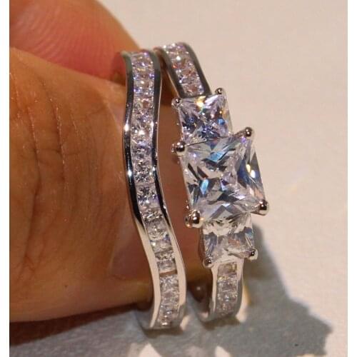 Size5-10 Vecalon Fashion Jewelry 10KT White Gold Filled Three Stone Princess Cut 5A Cubic Zirconia Women Wedding Bridal Ring Set