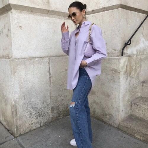 Za womens shirt fashion purple extra large 100% cotton casual button pocket loose top fashion street shirt womens top