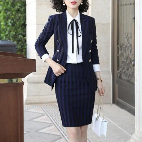 Suits Women Double Breasted Striped Designer Blazer Jacket Mini Skirt 2 Piece Set Business Formal Work Office Ladies Wear